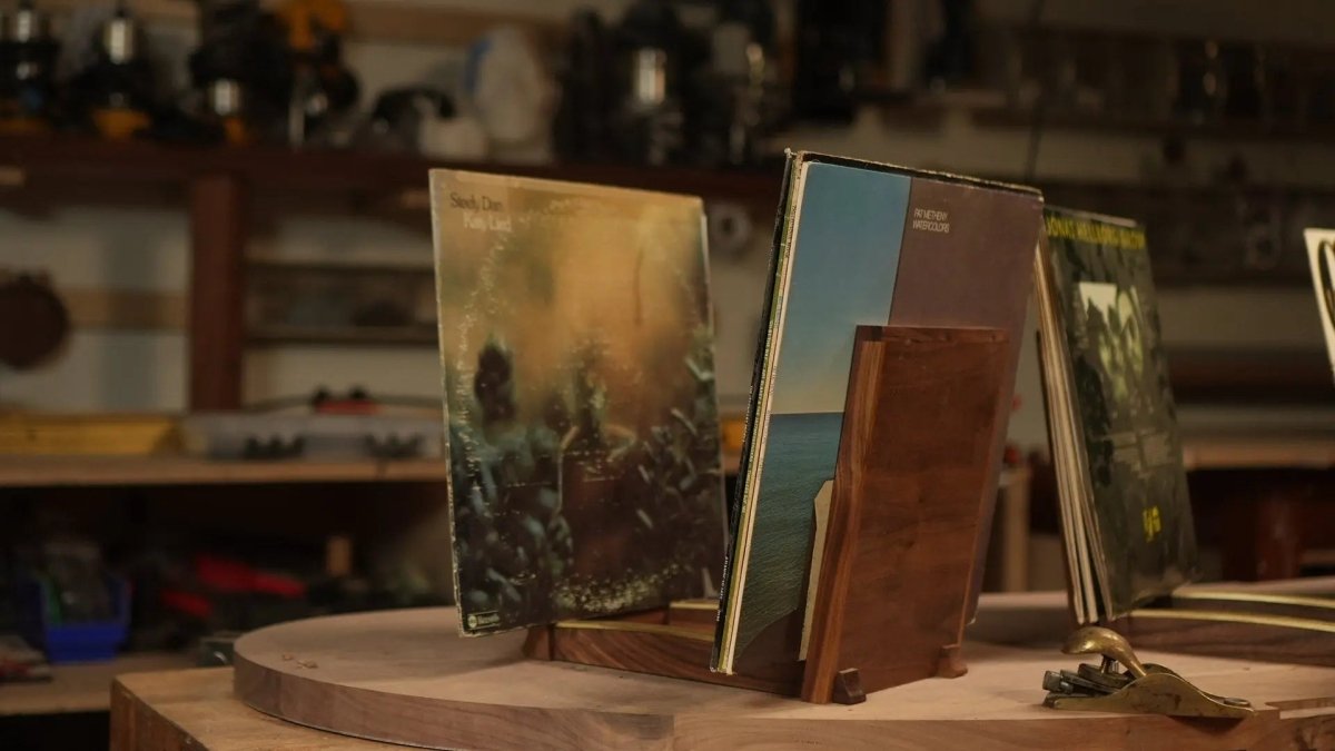 Lani Stands - Walnut & Brass Curved LP Display - Needham Woodworks