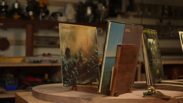 Lani Stands - Walnut & Brass Curved LP Display - Needham Woodworks