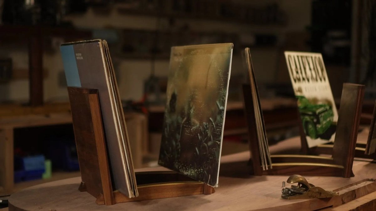Lani Stands - Walnut & Brass Curved LP Display - Needham Woodworks