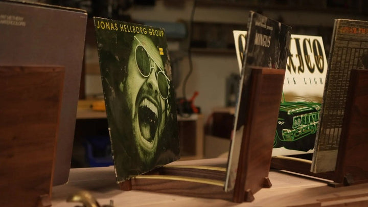 Lani Stands - Walnut & Brass Curved LP Display - Needham Woodworks