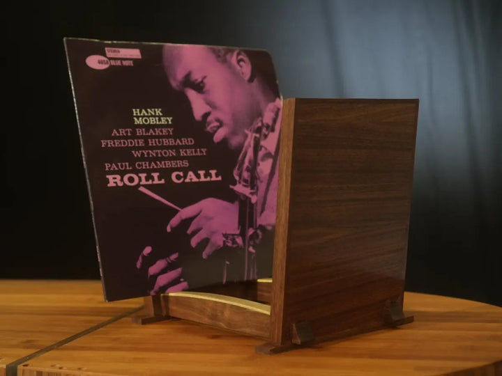 Walnut & Brass Curved LP Display Stand - Needham Woodworks