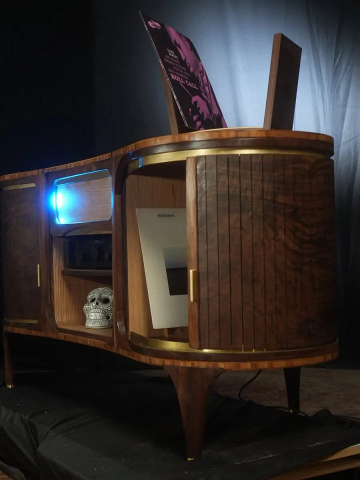 Walnut & Brass Curved LP Display Stand - Needham Woodworks