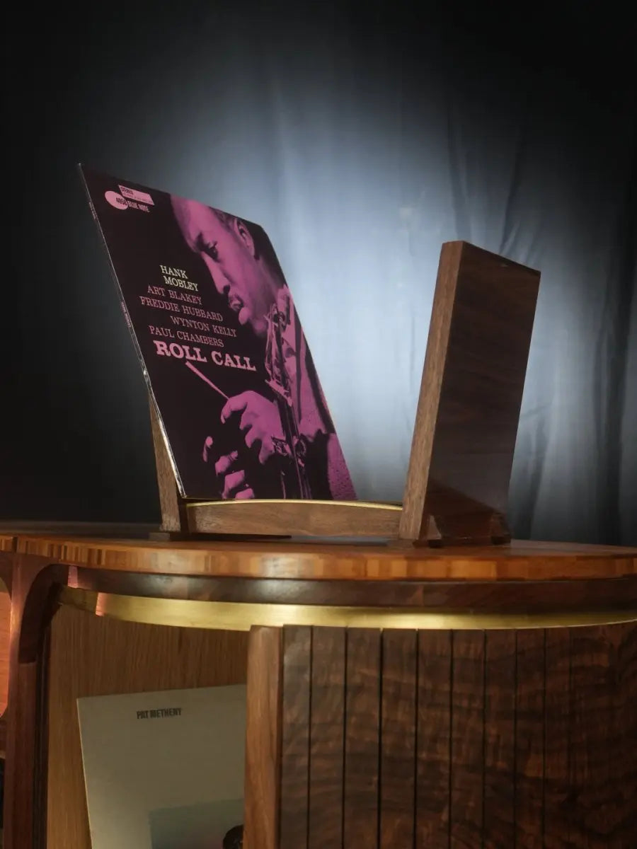 Walnut & Brass Curved LP Display Stand - Needham Woodworks