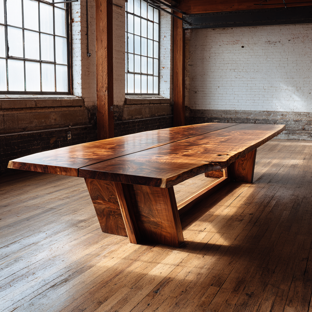 Claro walnut slabs on a cantilever base